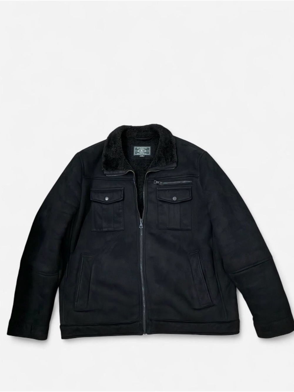 Men's Black Faux Suede & Sherpa Fleece Trucker Zip Jacket- XL